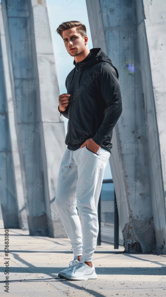 A stylish male model poses in casual sportswear, looking cool and confident A stylish male model poses in casual sportswear, looking cool and confident