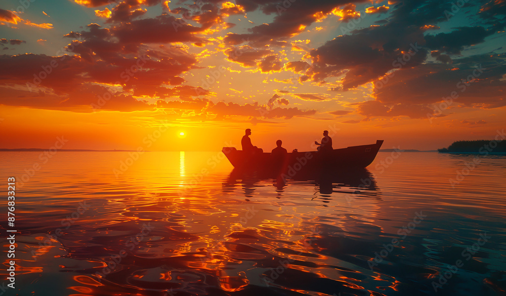 Three people in a boat silhouetted against a fiery sunset. Generative AI Three people in a boat silhouetted against a fiery sunset. Generative AI