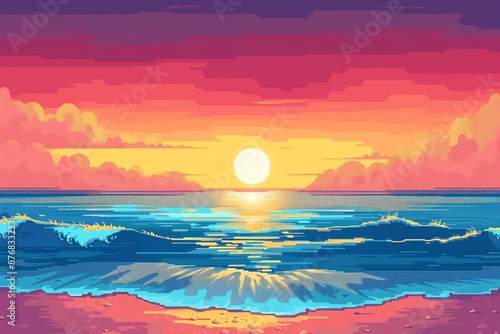 Vibrant sunset over a calm ocean with soft waves crashing on the shore.