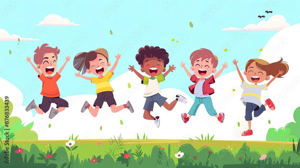 Excited Jumping Children Playful Cartoon Vector , rule of thirds composition shot, illustration cartoon animation cute adorable 2d animation flat art Excited Jumping Children Playful Cartoon Vector , rule of thirds composition shot, illustration cartoon animation cute adorable 2d animation flat art