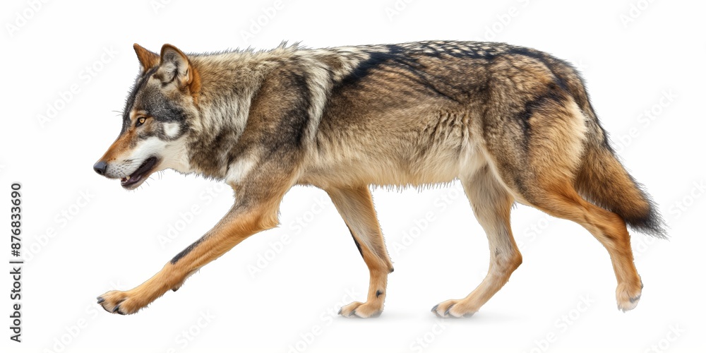 Fototapeta premium A wolf is walking on a white background. The wolf has a brown and white coat