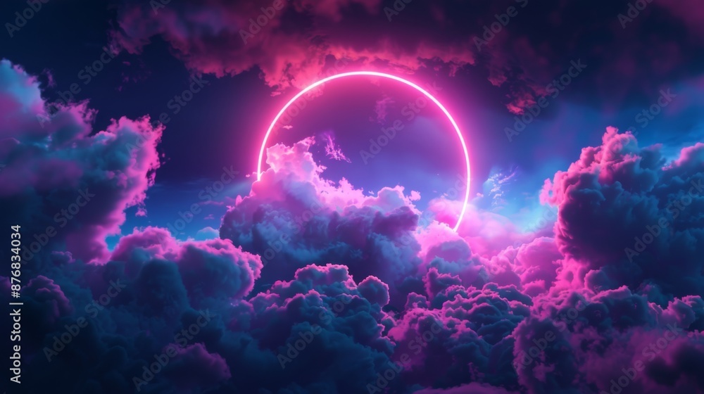 abstract cloud illuminated with neon light ring on dark night sky. Glowing geometric shape, round frame abstract cloud illuminated with neon light ring on dark night sky. Glowing geometric shape, round frame