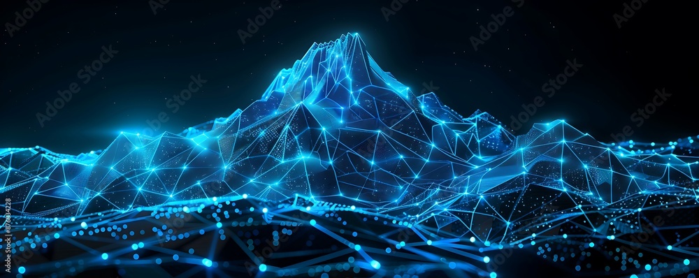 Futuristic polygonal mountain with blue glowing connections on black background, abstract digital network design vector. Futuristic polygonal mountain with blue glowing connections on black background, abstract digital network design vector.