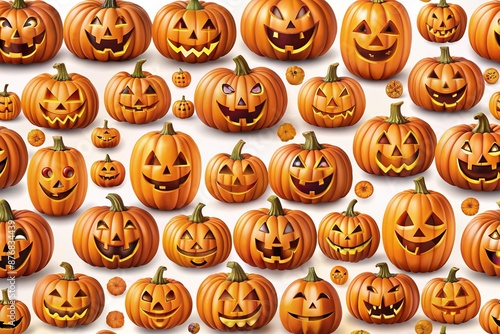Vibrant orange Halloween pumpkins in various sizes and faces create a seamless repeating pattern on a crisp white background, perfect for fall festivities and designs.