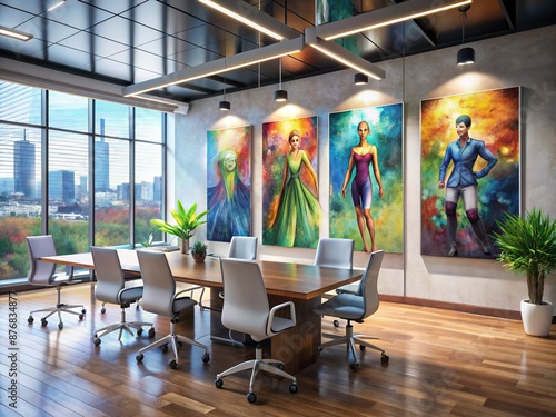 A high-definition image of a modern office space, where the walls are adorned with abstract paintings of vibrant, symbolizing team achievements and the upliftment of collaborative success. photo