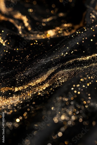 Black velvet texture with gold glitter accents, adding a touch of glamour and depth, Generative AI © ManusiaIkan