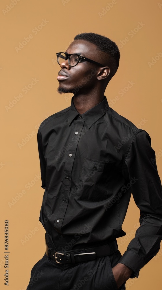 Fototapeta premium A man in a black button-down shirt gazes upwards