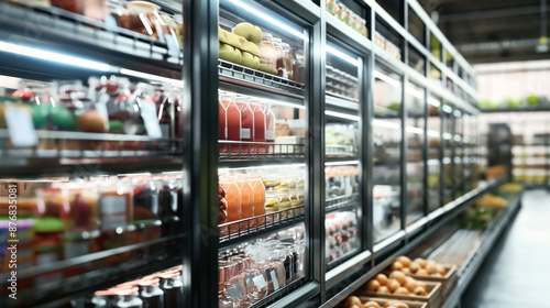 Wallpaper Mural A well-stocked refrigerator display in a supermarket showcasing a variety of beverages and fresh produce in glass doors. Torontodigital.ca