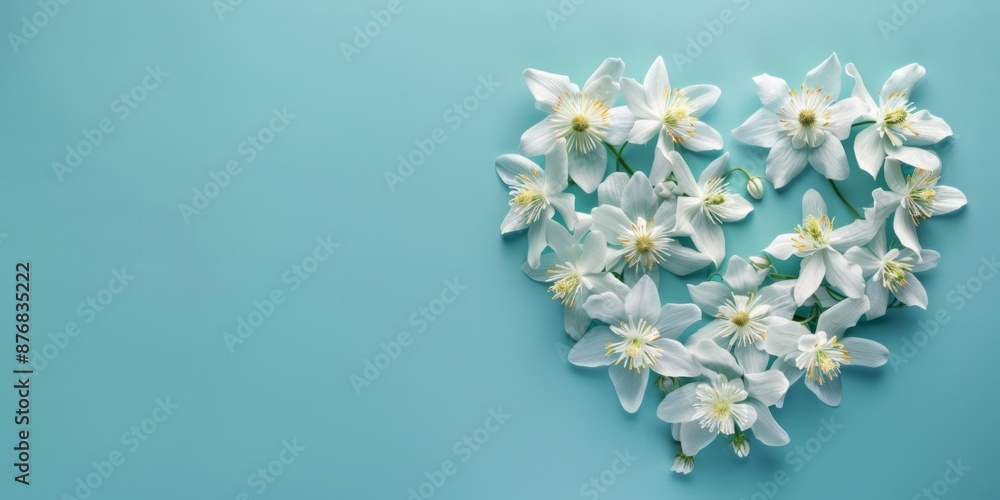 Columbine arranged in heart shape on aquamarine solid color background with copy space Columbine arranged in heart shape on aquamarine solid color background with copy space