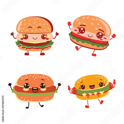 Cute Burger Hamburger Junk Food Cartoon Character with Happy Expression