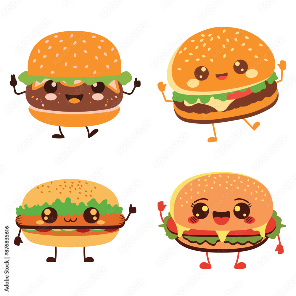 Cute Burger Hamburger Junk Food Cartoon Character with Happy Expression Cute Burger Hamburger Junk Food Cartoon Character with Happy Expression