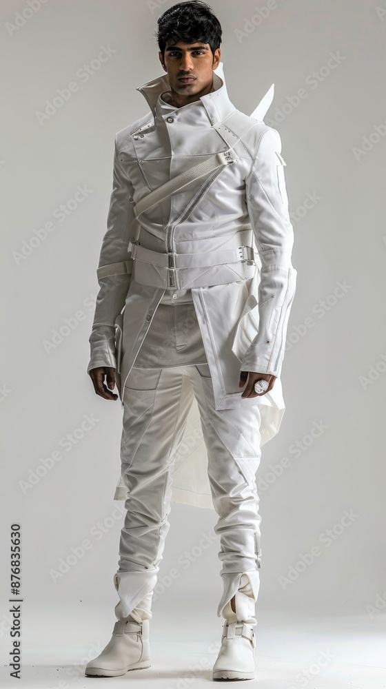 A male model in a white futuristic outfit poses in a studio A male model in a white futuristic outfit poses in a studio