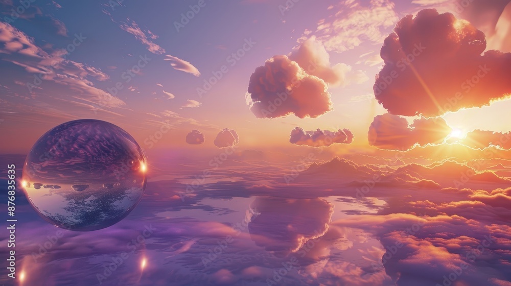 Stunning Sunset Over Clouds with Reflective Sphere in a Dreamlike Sky Stunning Sunset Over Clouds with Reflective Sphere in a Dreamlike Sky