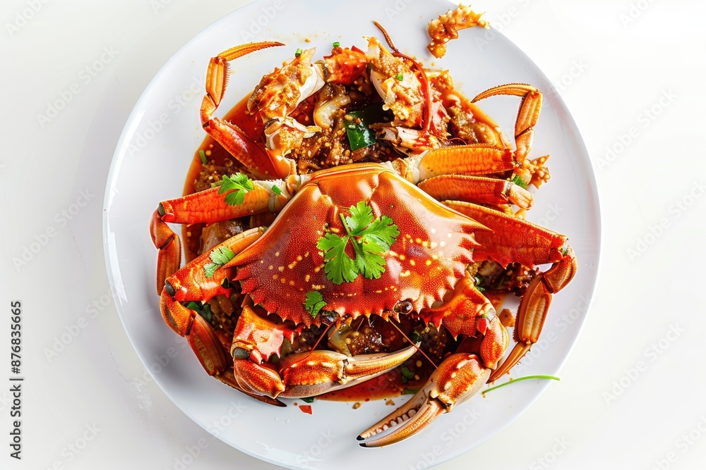 red masala curry with boiled crab in white plate red masala curry with boiled crab in white plate