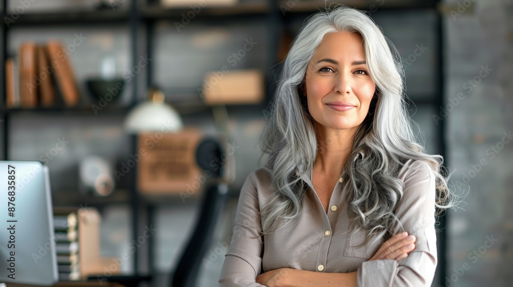 A photo of an attractive middleaged woman with long silver hair, standing in front her computer and smiling at the camera A photo of an attractive middleaged woman with long silver hair, standing in front her computer and smiling at the camera