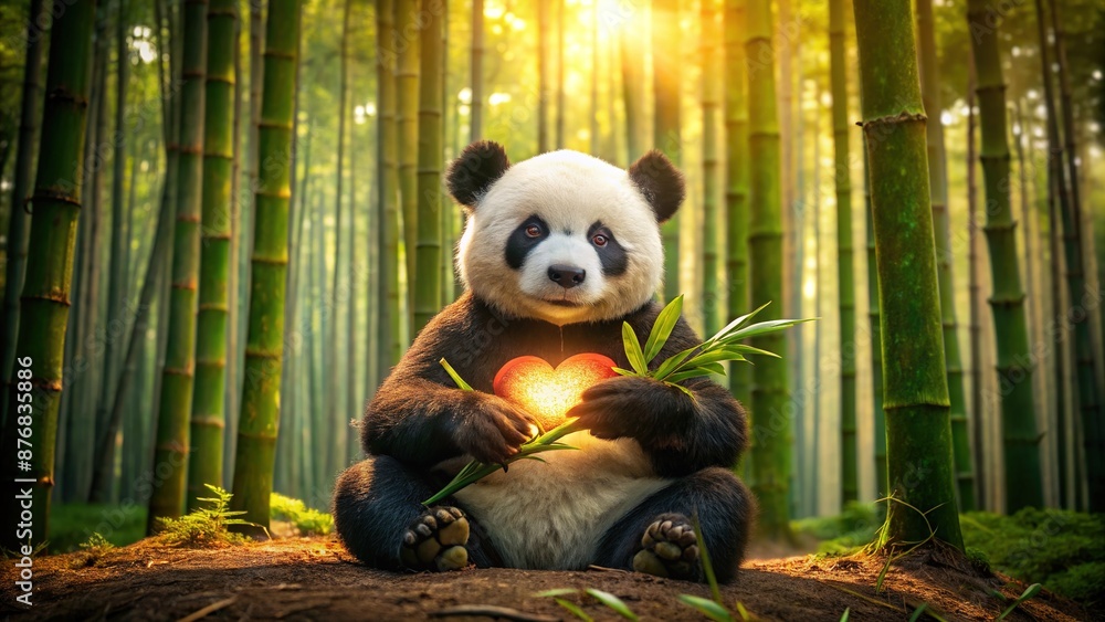 Obraz premium Adorable giant panda bear holds a giant heart made of bamboo shoots and leaves in a serene bamboo forest with soft warm natural light.