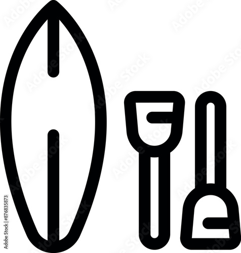 Line art icon of a surfboard and two paddles for practicing the sport of stand up paddle surfing