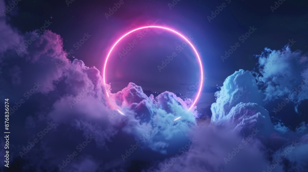 abstract cloud illuminated with neon light ring on dark night sky. Glowing geometric shape, round frame abstract cloud illuminated with neon light ring on dark night sky. Glowing geometric shape, round frame