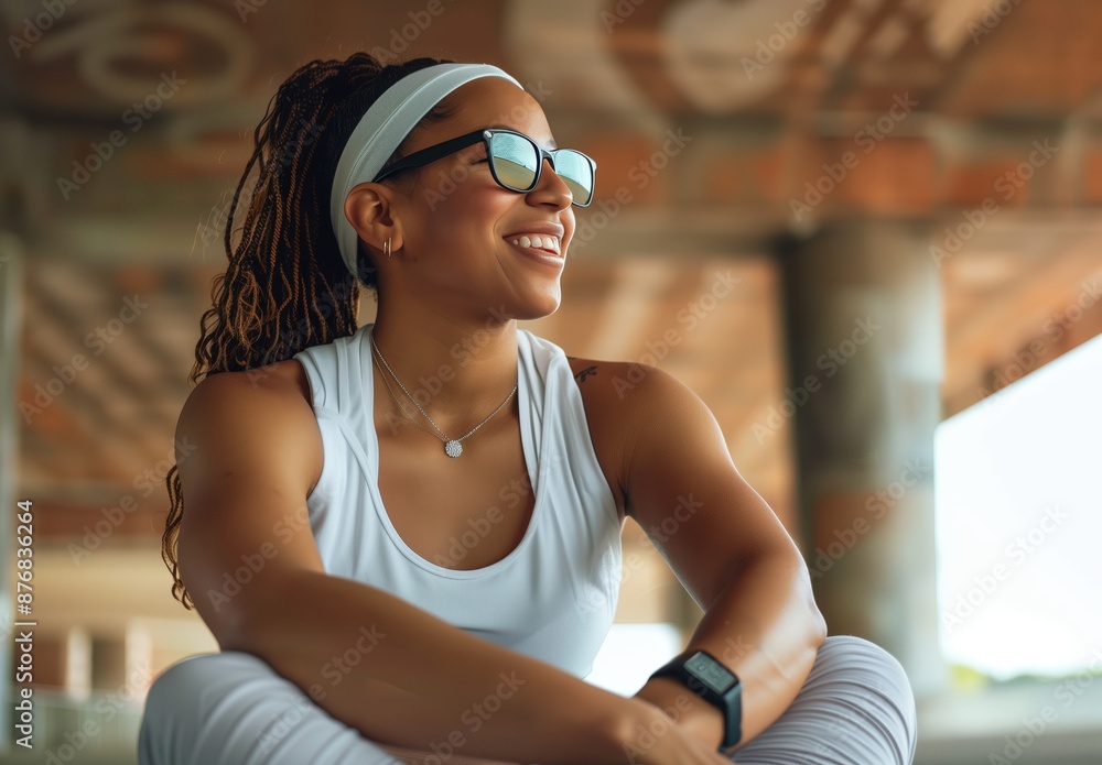A portrait of an athletic woman in her late thirties, wearing glasses and long braids tied back with a white headband A portrait of an athletic woman in her late thirties, wearing glasses and long braids tied back with a white headband