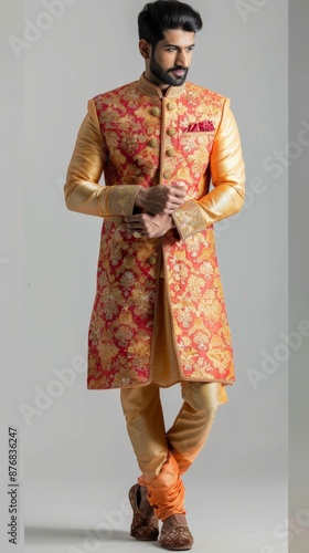 A man in a lavish gold and red Indian outfit, perfect for a special celebration