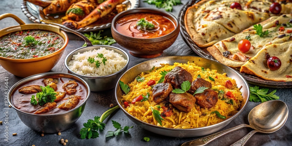 Vibrant Indian restaurant menu items arranged artfully: steaming mutton biryani, rich butter chicken, crispy roti, and cooling raita, set against a muted background. Vibrant Indian restaurant menu items arranged artfully: steaming mutton biryani, rich butter chicken, crispy roti, and cooling raita, set against a muted background.