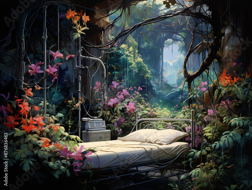 Hospital bed in a dense jungle, vines and flowers intertwining with medical equipment, mystical lighting, watercolor painting, fantasy theme.