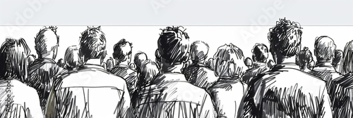 hand drawn illustration of crowd from behind, people looking at something on the horizon, white background