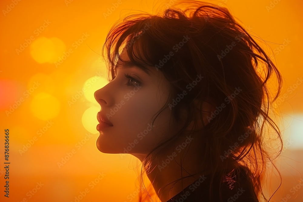 印象的な女性の横顔、黄色背景 印象的な女性の横顔、黄色背景