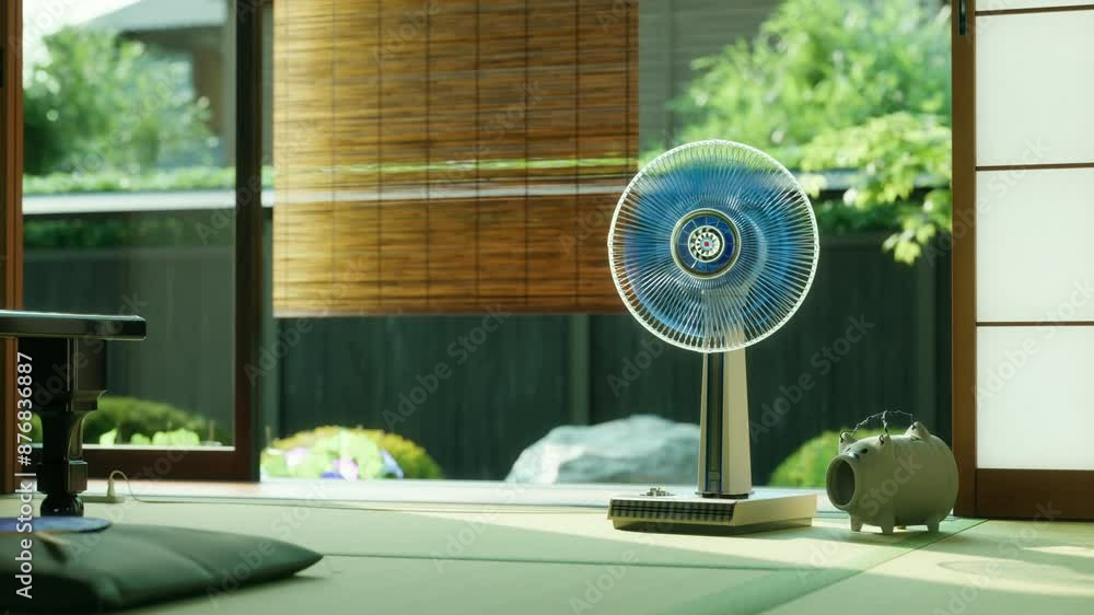 爽やかな朝日が差し込む夏の日本家屋の和室と首を振るレトロな扇風機 / 夏休み・帰省・田舎の実家・昭和レトロなロケーションイメージ / ループ再生可能 / 3Dレンダリング