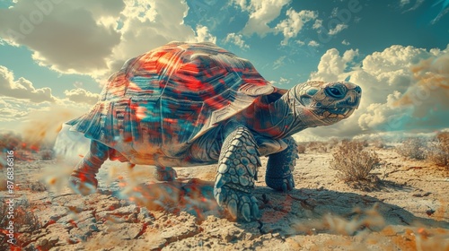 Surreal tortoise with a vibrant, colorful shell walking through a dry landscape under a bright sky with clouds. photo