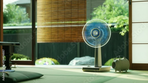 爽やかな朝日が差し込む夏の日本家屋の和室と首を振るレトロな扇風機 / 夏休み・帰省・田舎の実家・昭和レトロなロケーションイメージ / ループ再生可能 / 3Dレンダリング