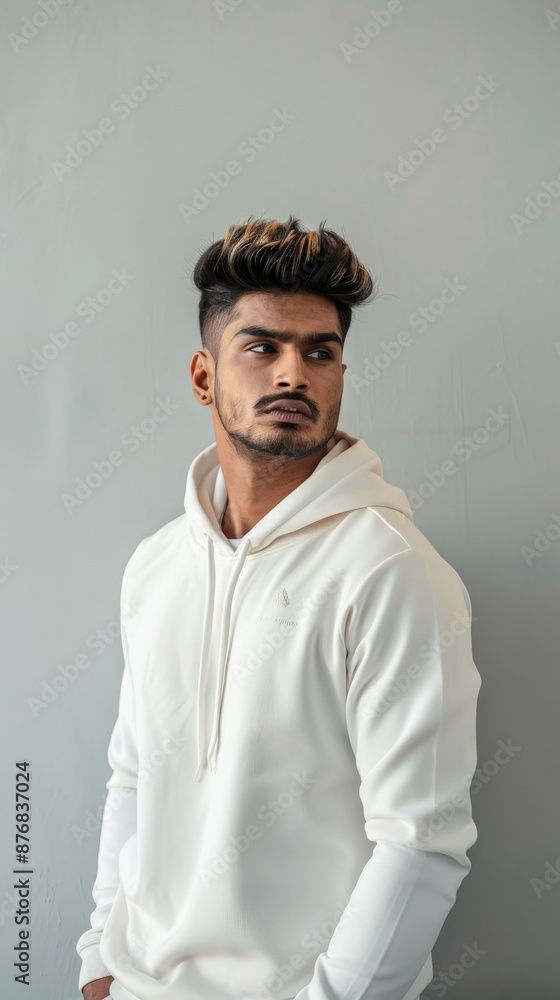 Obraz premium An Indian male model poses in a white hoodie against a grey backdrop