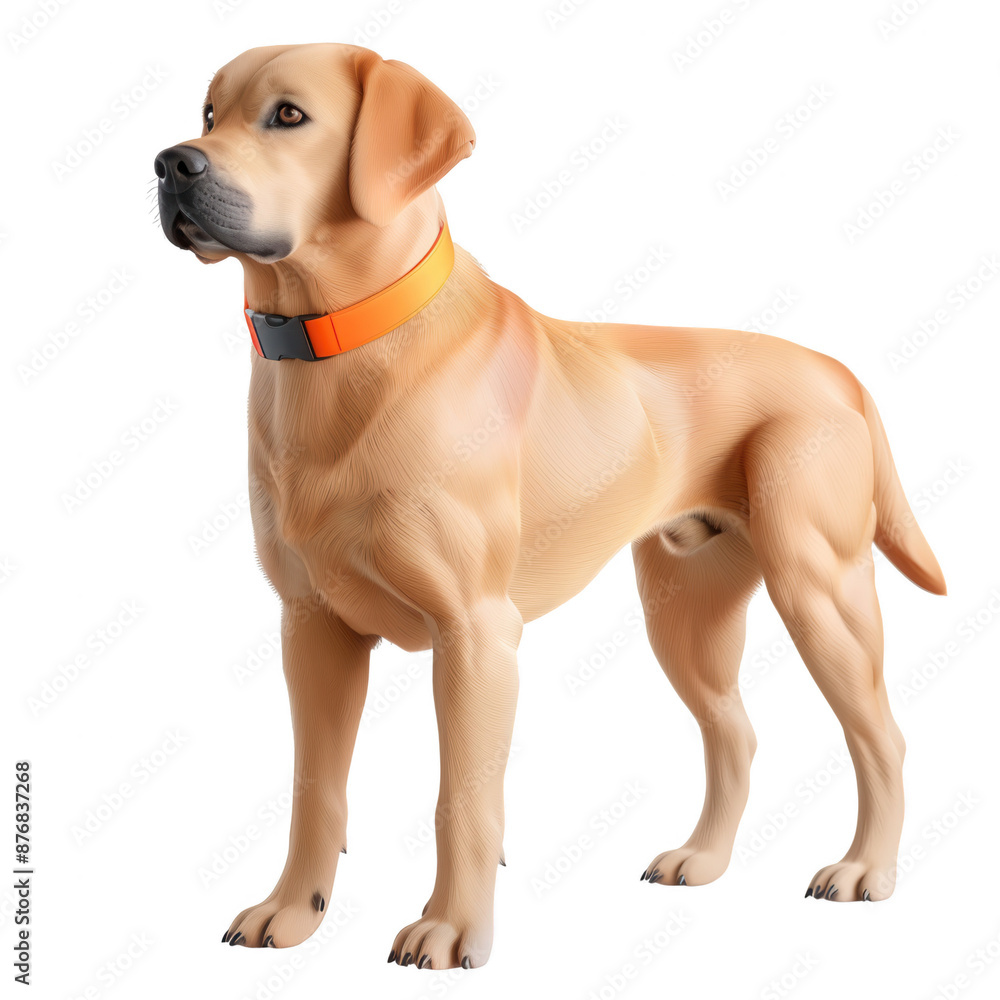 Realistic 3D illustration of a standing dog with a vibrant orange collar, isolated on a white background. Realistic 3D illustration of a standing dog with a vibrant orange collar, isolated on a white background.