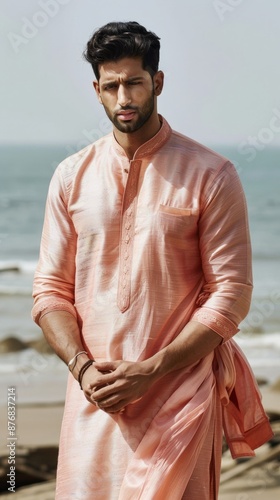 A male model poses on a beach wearing a traditional Indian kurta photo