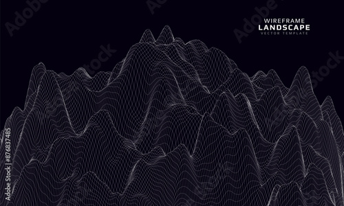 Wireframe landscape. Futuristic 3d mesh background. Digital hills technology. Vector illustration.