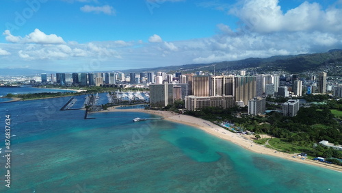 Aerial View of Honolulu's Skyline and Beachfront with Mountains in the Background