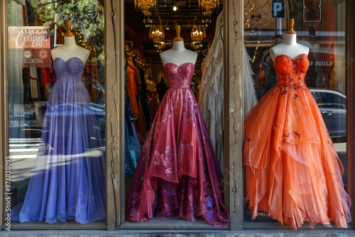 Three dresses are displayed in a window, with one in purple, one in red