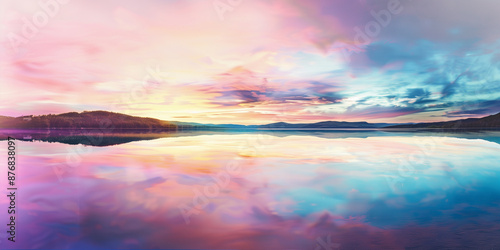 Water horizon in pastel colors, panoramic stylized photo of calm sunrise