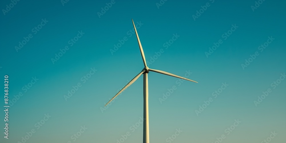 A wind turbine is standing tall in the sky above a clear blue sky. Concept of power and energy, as the wind turbine harnesses the power of the wind to generate electricity A wind turbine is standing tall in the sky above a clear blue sky. Concept of power and energy, as the wind turbine harnesses the power of the wind to generate electricity