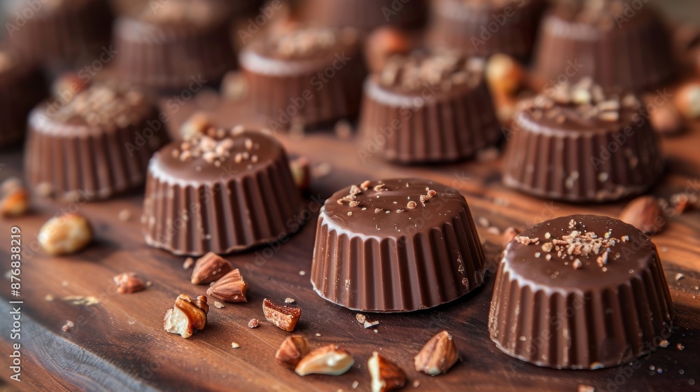Hazelnut chocolate pralines with a crunchy exterior, capturing their nutty flavor and texture Hazelnut chocolate pralines with a crunchy exterior, capturing their nutty flavor and texture