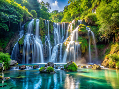 waterfall in the forest, falls, cascade, river, landscape, fall, stream, rock, forest, flowing, stone, park, flow, green, natural