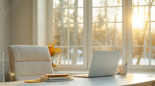 Wallpaper Mural Minimalist Home Office Workspace with Laptop and Sunlight. Torontodigital.ca