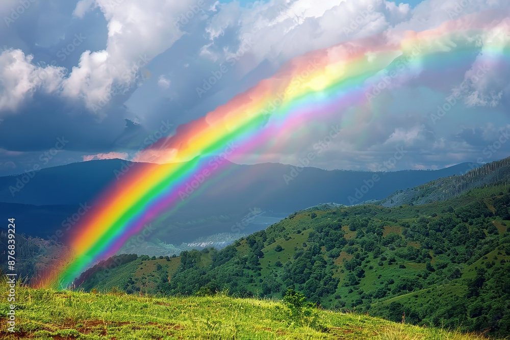 A rainbow is seen in the sky above a green hillside A rainbow is seen in the sky above a green hillside