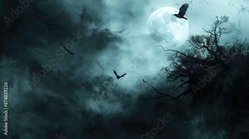 Full moon illuminating a dark, eerie forest with flying bats and dense fog at night. Horror themes, gothic art, Halloween decoration, spooky atmosphere, supernatural concept. photo