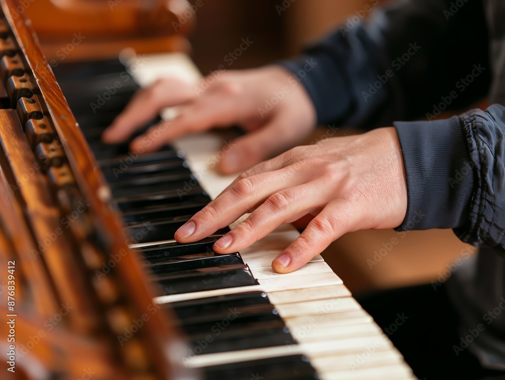 Obraz premium Close-up of hands playing a vintage piano.