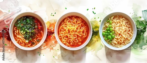 Delicious instant noodles, food illustration, appetizing design , rule of thirds composition shot, white background colorful animation stills line drawings modular construction