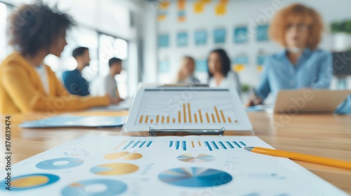 A tablet displaying a graph sits on a table in a busy office, surrounded by colleagues working together.
