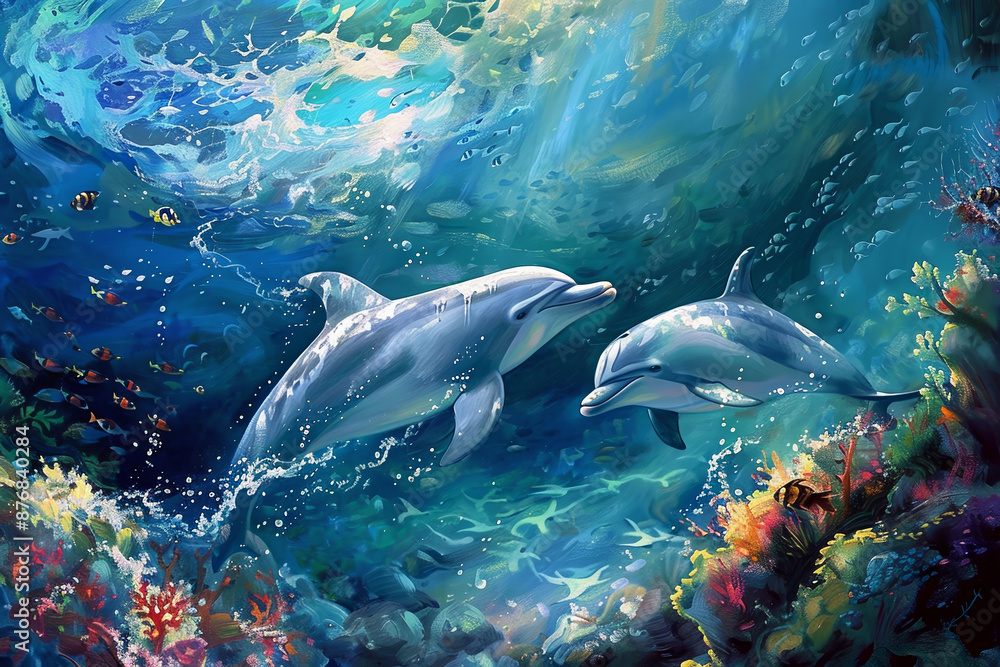 Two dolphins swimming in the ocean with a blue background Two dolphins swimming in the ocean with a blue background