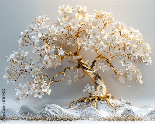 High-resolution 3D wallpaper with a tree, white flowers, gold branches, light background, relief sculpture style. photo