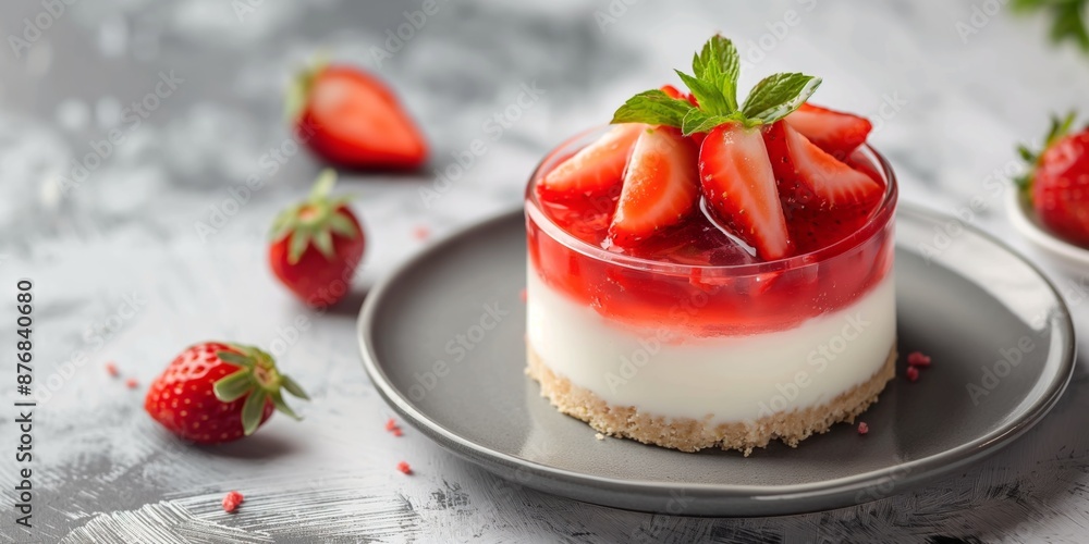 A strawberry cheesecake with a strawberry on top. The plate is on a table with a few strawberries on it A strawberry cheesecake with a strawberry on top. The plate is on a table with a few strawberries on it